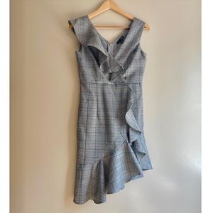 Grey plaid flounce ruffle sleeveless work dress blue and grey check NWT L AQUA